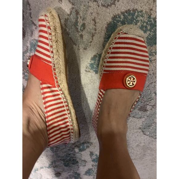 Tory Burch Flat Shoes Women 9 Striped Canvas Orange Espadrille Beacher - Picture 3 of 8